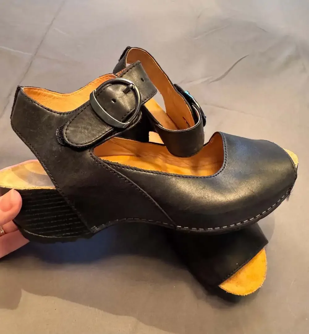 Dansko Tiana Black Burnished Leather Ankle Strap Peep Toe Wedge Sandal Size 40